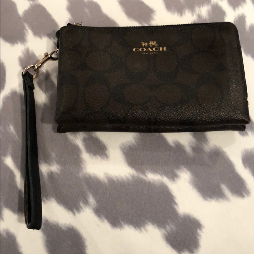Coach wristlet choc and light tan with gold